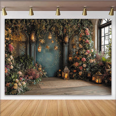 Lofaris Toile de fond de fête jardin enchanté avec fleurs, lanternes et étoiles lumineuses, pour célébrations élégantes