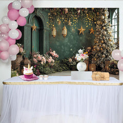 Lofaris Toile de fond élégante festive avec fleurs roses, lanternes dorées et étoiles, lumières pour Noël et ambiance hivernale