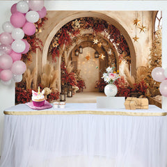 Lofaris Toile de fond de fête arches et fleurs rouges, avec herbe de pampa et étoiles dorées, pour Noël et hiver