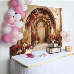 Lofaris Toile de fond de fête arches et fleurs rouges, avec herbe de pampa et étoiles dorées, pour Noël et hiver