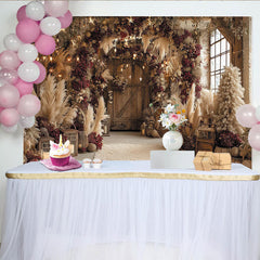 Lofaris Toile de fond de fête rustique hivernale avec fleurs séchées, herbe de la pampa et lumières chaudes pour Noël