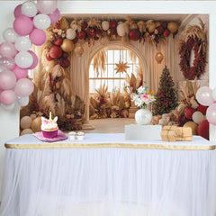 Lofaris Toile de fond de Noël bohème chic, avec herbe de la pampa et ballons rouges et dorés, pour fête d'hiver