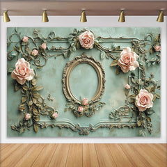 Lofaris. Toile de fond florale vintage avec roses roses et cadre doré, pour célébration élégante, mariage ou anniversaire.
