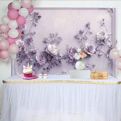 Lofaris Toile de fond florale 3D lilas et blanche, pour fête élégante et mariage, avec roses délicates et cadre orné