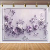 Lofaris Toile de fond florale 3D lilas et blanche, pour fête élégante et mariage, avec roses délicates et cadre orné