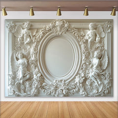 Lofaris Toile de fond baroque blanche avec chérubins et motifs floraux, idéale pour mariage et baptême, décoration élégante