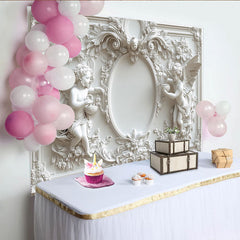 Lofaris Toile de fond baroque blanche avec chérubins et cadre ovale, pour célébrations élégantes, mariages et baptêmes