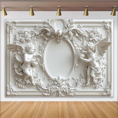 Lofaris Toile de fond baroque blanche avec chérubins et cadre ovale, pour célébrations élégantes, mariages et baptêmes