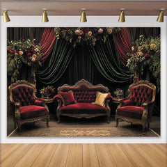Lofaris Toile de fond velours rouge et vert, décor baroque avec fleurs luxuriantes, pour fête élégante