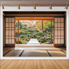 Lofaris Toile de fond jardin japonais zen avec shoji et couleurs d'automne, pour fête, nature et sérénité