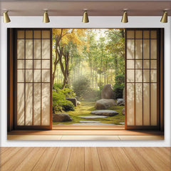 Lofaris Toile de fond jardin japonais zen, paysage naturel avec bambous et rochers, pour détente et photo