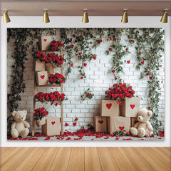 Lofaris Toile de fond pour la Saint-Valentin avec roses rouges et ours en peluche, décor romantique pour séance photo