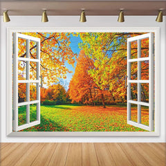Lofaris Toile de fond de photographie fenêtre ouverte sur forêt d'automne, magnifique arrière-plan naturel aux couleurs vives pour studio