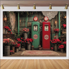 Lofaris Toile de fond de photographie vintage avec pompes à essence et roses rouges, arrière-plan rustique et romantique pour studio photo