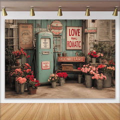 Lofaris Toile de fond de photographie rue fleurie vintage avec pompe à essence et roses, arrière-plan pour studio et événements