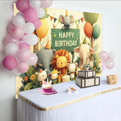 Lofaris Toile de fond joyeux anniversaire animaux de la jungle dessin animé, décor de fête pour enfants avec ballons et gâteau