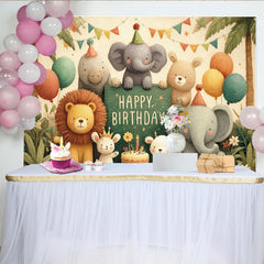 Lofaris Toile de fond anniversaire safari jungle animaux mignons et ballons, décor de fête avec gâteau et chapeaux, parfait pour studio photo
