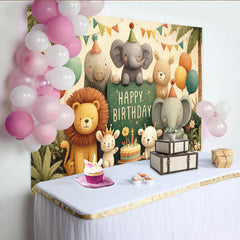 Lofaris Toile de fond anniversaire safari jungle animaux mignons et ballons, décor de fête avec gâteau et chapeaux, parfait pour studio photo
