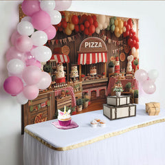 Lofaris Toile de fond pour anniversaire pizza avec ballons rouges et verts, décor de fête rustique avec gâteaux et chapeaux