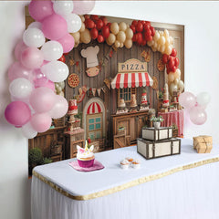 Lofaris Toile de fond rustique pizza pour anniversaire avec stand, chef et ballons rouges et crème, décor de fête pour enfants