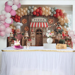 Lofaris Toile de fond pour anniversaire pizza avec ballons et devanture de pizzeria, arrière-plan de fête rustique pour studio photo
