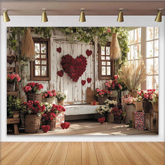 Lofaris Toile de fond romantique Saint-Valentin avec cœurs et roses rouges, décor floral en bois shabby chic pour séance photo