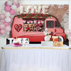 Lofaris Toile de fond Saint-Valentin camion rose avec ours en peluche et roses rouges, magnifique décor pour couple et photographie romantique