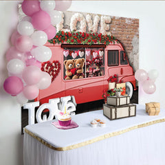 Lofaris Toile de fond Saint-Valentin camion rose avec ours en peluche et roses rouges, magnifique décor pour couple et photographie romantique