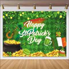 Lofaris Toile de fond verte pour la Saint-Patrick avec trèfles et pot d'or, magnifique décor de fête irlandaise pour studio photo