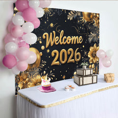 Lofaris Toile de fond pour la nouvelle année avec fleurs dorées et texte welcome 2026, élégant décor festif pour soirée