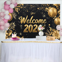 Lofaris Toile de fond noire et or pour le Nouvel An avec ballons et fleurs, élégant décor festif pour studio photo et célébration