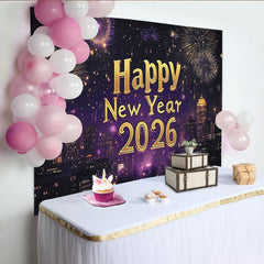 Lofaris Toile de fond du Nouvel An avec ville illuminée et lumières dorées, magnifique décor violet scintillant pour fête