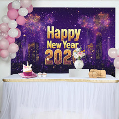 Lofaris Toile de fond violette Nouvel An 2026 avec feux d'artifice et ville, magnifique décor de fête pour célébration et studio photo