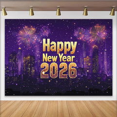 Lofaris Toile de fond violette Nouvel An 2026 avec feux d'artifice et ville, magnifique décor de fête pour célébration et studio photo