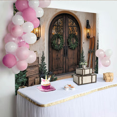 Lofaris Toile de fond de Noël rustique avec porte en bois et couronnes, arrière-plan festif d'hiver pour studio photo