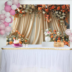 Lofaris Toile de fond de photographie florale élégante avec rideaux drapés et roses, arrière-plan romantique pour mariage