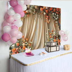 Lofaris Toile de fond de photographie florale élégante avec rideaux drapés et roses, arrière-plan romantique pour mariage