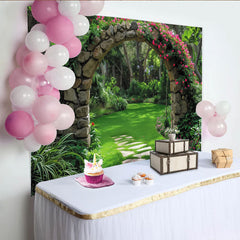 Lofaris Toile de fond de photographie jardin fleuri avec arche de pierre et roses roses, magnifique arrière-plan pour studio photo et portrait