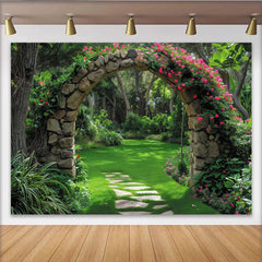 Lofaris Toile de fond de photographie jardin fleuri avec arche de pierre et roses roses, magnifique arrière-plan pour studio photo et portrait
