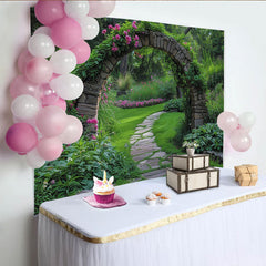 Lofaris Toile de fond de photographie jardin avec arche en pierre et fleurs roses, décor naturel pour portrait et séance photo