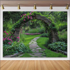 Lofaris Toile de fond de photographie jardin avec arche en pierre et fleurs roses, décor naturel pour portrait et séance photo