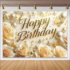 Lofaris Toile de fond pour anniversaire avec roses cremes et perles dorees, elegant decor de fete pour celebration