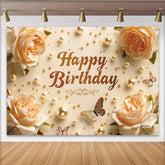 Lofaris Toile de fond joyeux anniversaire avec roses et perles dorées, magnifique décor de fête pour séance photo