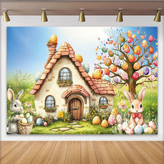 Lofaris Toile de fond pour pâques avec maison champêtre et lapins, décor printanier coloré pour séance photo