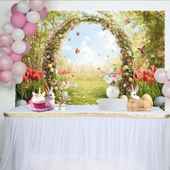 Lofaris Toile de fond de Pâques printanière avec lapins et œufs colorés, magnifique décor de jardin fleuri pour séance photo