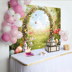 Lofaris Toile de fond de Pâques printanière avec lapins et œufs colorés, magnifique décor de jardin fleuri pour séance photo