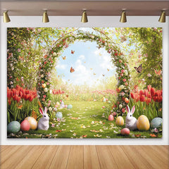 Lofaris Toile de fond de Pâques printanière avec lapins et œufs colorés, magnifique décor de jardin fleuri pour séance photo