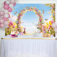 Lofaris Toile de fond de Pâques printanière avec arche florale et lapins, arrière-plan joyeux pour célébration de printemps et séance photo