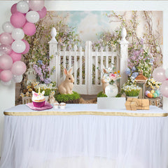 Lofaris Toile de fond de Pâques printanière avec lapins et fleurs pastel, charmant décor de jardin pour studio photo et événement