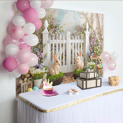 Lofaris Toile de fond de Pâques printanière avec lapins et fleurs pastel, charmant décor de jardin pour studio photo et événement
